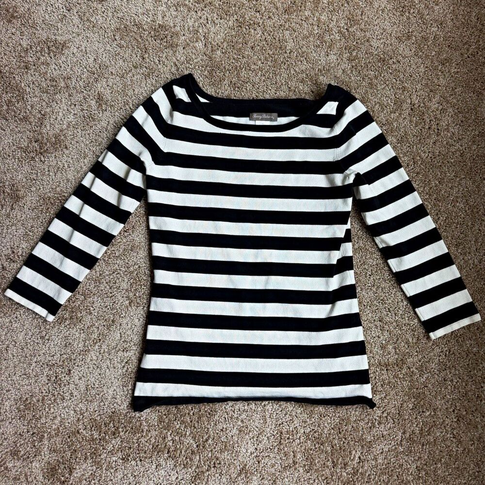 Tommy Bahama Women's XS Black White Striped Boat Neck 3/4 Sleeve Knit Top